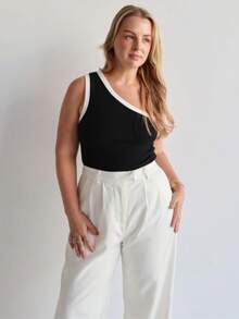 Tank Top Mule Manca One Shoulder One Shoulder No Manca Ribbed BLACK WHITE Basic Bicolor Feminine Foreign Fashion RIBBED RIBANA OLD MONEY TAILORING BASIC ELEGANT - 雙色黑 - 查看 2
