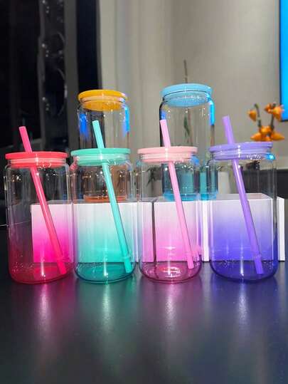 1pc 2026 New 16oz Gradient Color Heat Sublimation Glass Cup With Colorful PP Lid