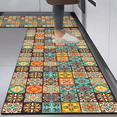 1pc Square Plaid Multicolor Floral Pattern Runner Rug, Hallway Carpet, Rug, Runner Rug, Area Small Rug, Mat, Home Decor, Area Rug, Living Room Area Rug, Living Room Home Decor, Room Decor, Washable Carpet