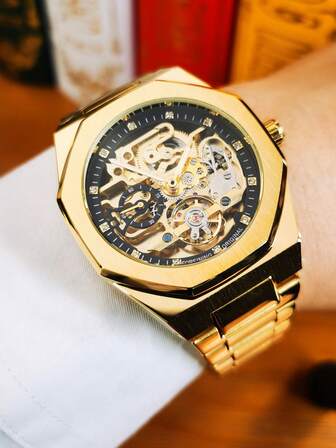 FORSINING 1 pieza Reloj automático de hombre con esqueleto de tourbillón, correa de acero inoxidable, esfera con diamantes, manecillas luminosas, para negocios y casual, regalo para hombres