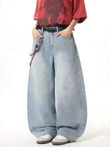 1pc Men's American Street Style Embroidered Wide Leg Jeans, Loose Casual Comfortable Commuting Versatile Denim Pants (No Belt Or Accessories) - 藍色 - 查看 4