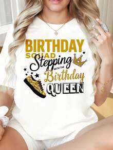 Birthday Squad Stepping With The Birthday Queen T-Shirt For Women Gold Crown And Sneaker Design Birthday Party Shirt GiftWomen's T-Shirts With Round Neck And Short Sleeves Have Interesting Printed Patterns, Which Are Suitable For Christmas Partiessports Activitiesholiday Partiesoutingssports And Other Holiday Gifts. - trắng - Xem 4