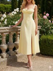 女士时尚休闲吊带修身长款开衩无肩带连衣裙，适合春夏穿着，优雅大方。 - 黃色 - 查看 4