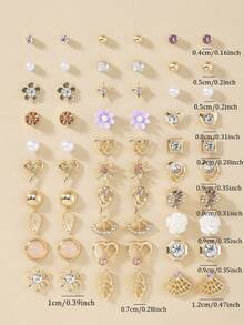 30pcs Assorted Women's Fashion Earrings Set, Metal Faux Pearl, Cute Flower, Heart, Square, Geometric, Rhinestone, Casual Everyday Wear Jewelry Gift - Multicolor - View 5