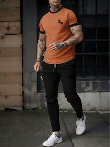 男士复古商务印花短袖T恤和裤子套装 - 彩色 - 查看 1