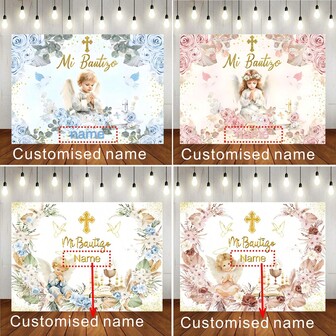 1 pieza Nombre personalizado Primer fondo floral rosa claro de Biblia Cruz Cáliz Brillo dorado Diseño de nombre personalizado Decoración adecuada para novias, bodas, fiestas de bautizo de bebés Decoración para pastel Pancarta de vinilo