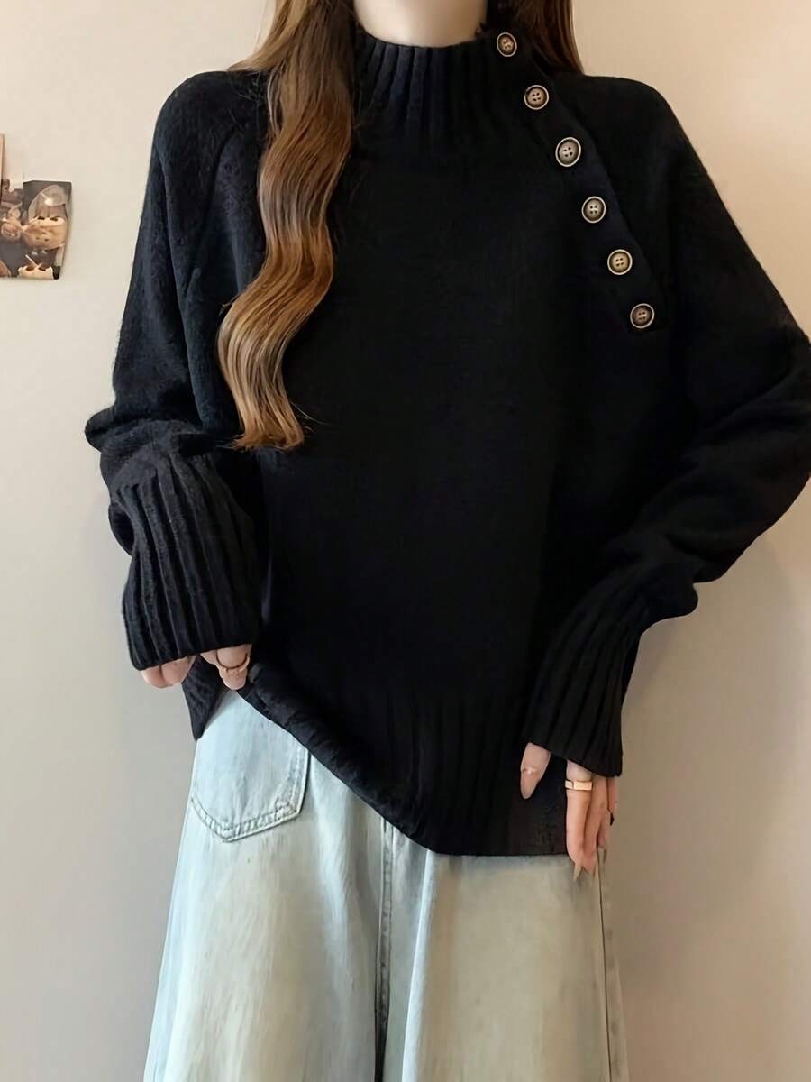 レディース-ハーフハイネック-ニット-秋冬-新モデル-日系-ゆったり-だるい-長袖-セーター-プルオーバー - ブラック - チェックする 1