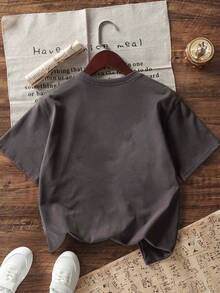 男童休闲印花圆领短袖T恤，夏季上衣 - 深灰色 - 查看 8