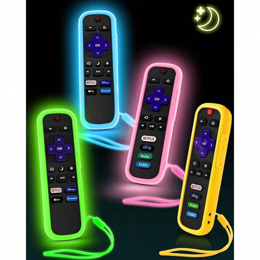 AWYY4 Pack OneBom Remote Cover For Roku The Remote Case Compatible With Roku Voice Remote Official Silicone Universal Protective Controller Sleeve For Roku TV Remote Glow In The Dark With Lanyards - 螢光綠螢光粉螢光藍螢光黃 - 查看 1