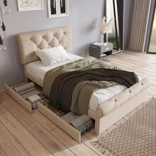 Single Bed Plus Mattress 90x200cm, Bed Frame With 2 Drawers And Height-Adjustable Headboard, Functional Bed, Natural Finish, Mattress Not Included - Beige - View 3