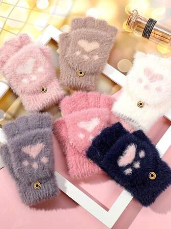 女士翻盖露指手套，可爱卡通针织保暖连指手套，适合秋冬季节+冬季装备+手套熊+圣诞节
