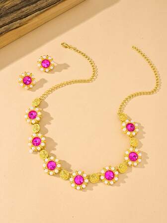 3pcs Set Elegant Gold Plated Necklace Set/Faux Pearl Crystal Flower Choker, Suitable For Women Wedding, Birthday Party, Daily Wear, Holiday Jewelry Gift