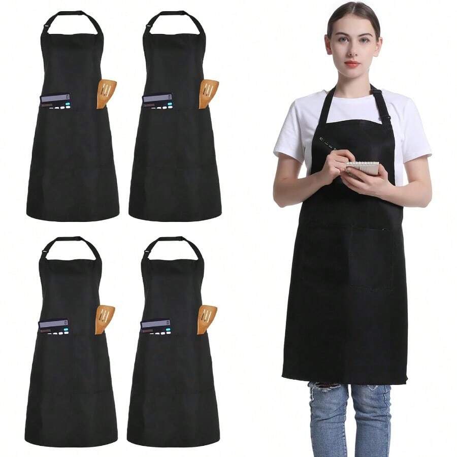 WSXC 4 Pack Chef Apron Adjustable Apron With 2 Pockets Unisex Personalised Apron For Cooking Kitchen Restaurant - Black - View 1