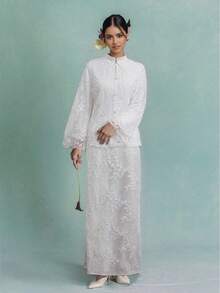 娘惹服饰套装，蕾丝刺绣半身裙套装，女士两件套，时尚白色半身裙套装 - 白色 - 查看 1