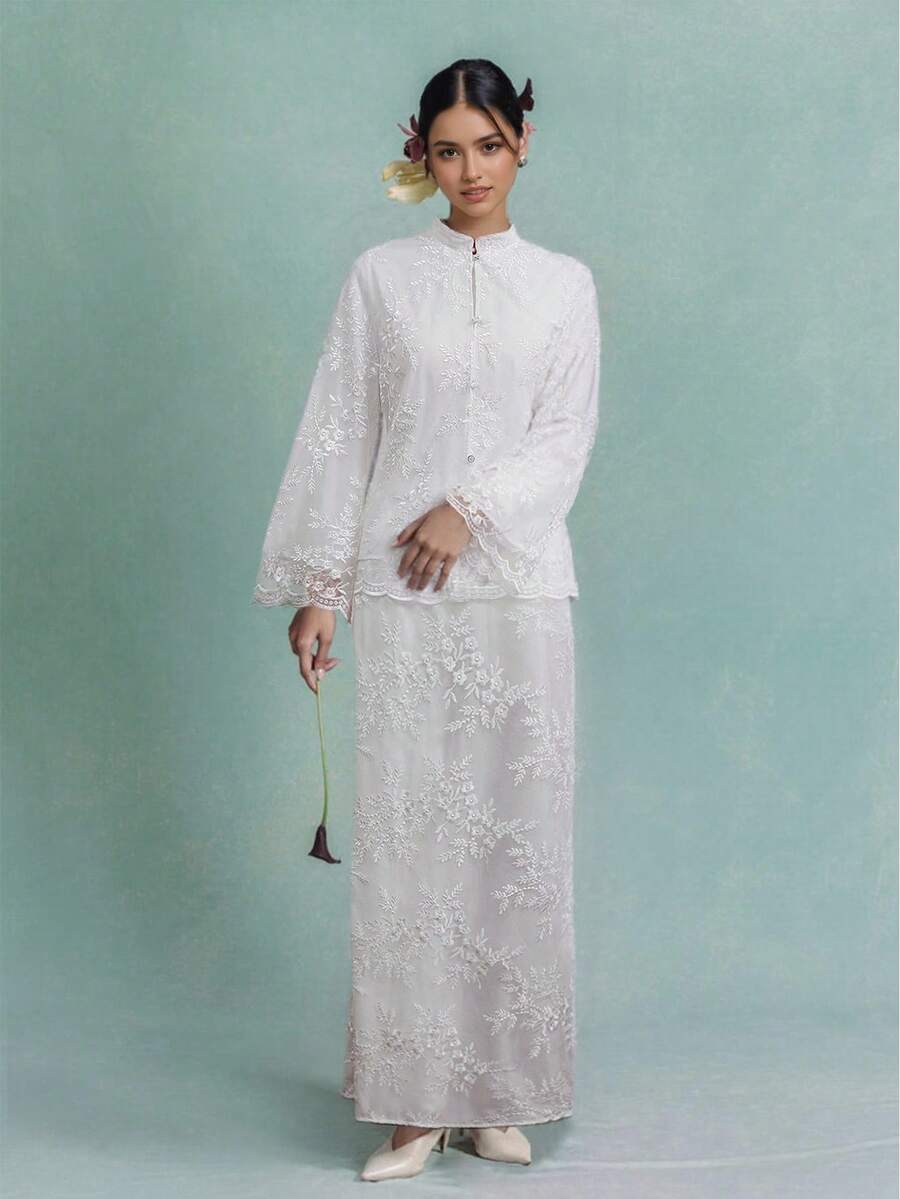 娘惹服饰套装，蕾丝刺绣半身裙套装，女士两件套，时尚白色半身裙套装 - 白色 - 查看 1