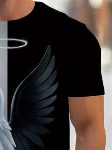 Men's Color-Block Angel Wings Pattern T-Shirt - Half Black Half White Contrast Design, Casual Regular Fit Crew Neck Top, Machine Washable Bold Fashion Statement Shirt, Digital Print Street Style, Soft Material, Exclusive For Streetwear Enthusiasts - 混合色 - 查看 6