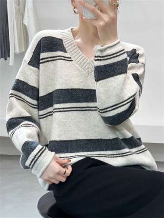 女士条纹宽松休闲针织衫，秋冬新款