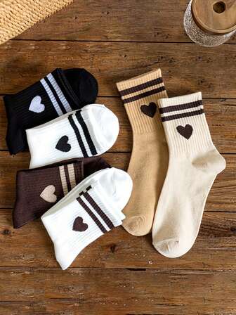 1/6 Pairs Women Solid Color & Striped Heart Mid-Calf Socks, Suitable For Outdoor Activities, Casual Mid-Calf Socks, Women Spring/Autumn/Winter Socks, Knee-High Socks, Size 36-42