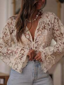 Delicate Lace Crochet Hollow Out Blouse - Apricot - View 4