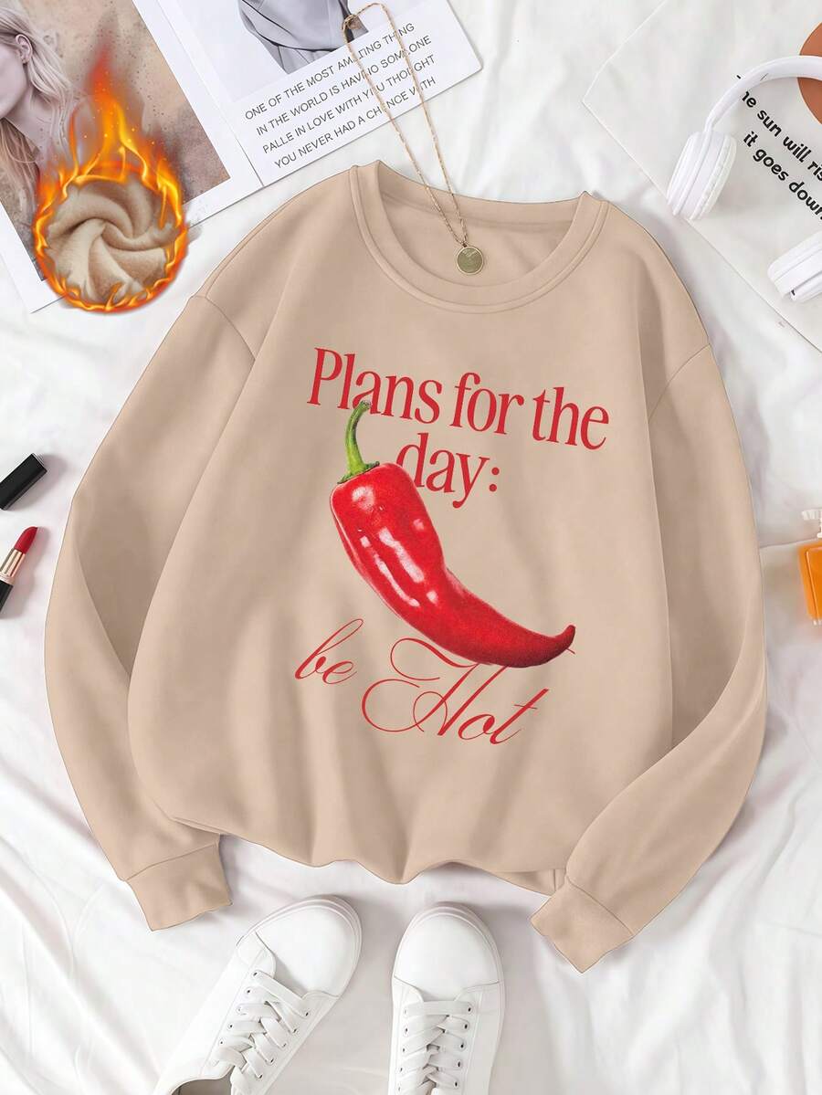 Coffee Motifs And Lettering Printed In A Childlike Doodle Style With Pink And White Stripes. Women's Casual Athletic T-Shirt, Cotton Blend, Versatile For Autumn And Winter, Soft And Comfortable Quilted Design, Loose Fit, Unisex, Everyday Urban Wear, Suitable For Layering. - 杏色 - 查看 1