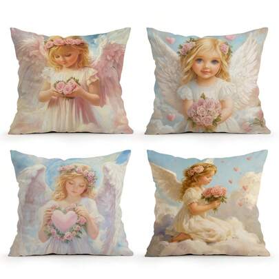1件/4件装情人节花卉天使图案抱枕套，单面印花，适用于客厅、卧室、家居装饰，四季皆宜