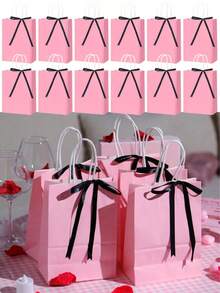 4pcs/2sets Pink Gift Bags With Black Bow Design, Suitable For Mother's Day, Birthday, Party Favors, Theme Parties, Tabletop Decor, Weddings, Bridal Shower (With Handles) - 彩色 - 查看 5