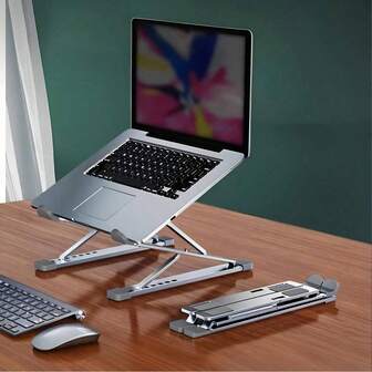 1 pieza Soporte ajustable de aleación de aluminio de doble capa para portátil, portátil, multiposcional, estable, de alta capacidad, diseño ergonómico para una mejor visualización y refrigeración, soporte para portátil | Configuración de escritorio moderna | Calidad de construcción duradera, soporte para portátil