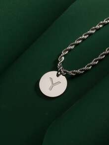 1pc Fashionable Hiphop Stainless Steel Round Disc 26 Letters A-Z Pendant With Stainless Steel Twisted Chain Necklace, Suitable For Men's Daily Wear - Steel-colored Round Letter Necklace - View 21