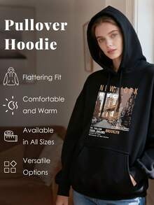 1pc Unisex Hoodie New York City Print Black Hoodie, Hoodies For Men Lightweight Polyester Material, Simple Crossprint Drawstring Hoodie, Machine Washable, For Spring/Summer/Fall Valentine's Day, Father's Day, Thanksgiving Day - 黑色 - 查看 2