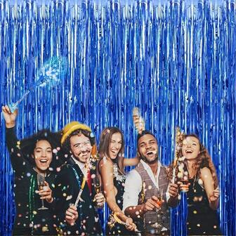 1件蓝色雨帘派对装饰背景，毕业典礼装饰，流苏，生日，婚礼，单身女性周年纪念装饰，成人丝绸雨帘，生日派对背景墙装饰，流苏闪亮铝膜墙帘