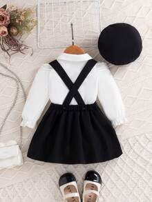 秋冬季女婴宫廷风白色玫瑰纽扣衬衫+红色吊带裙+贝雷帽套装 - 粉色 - 查看 3