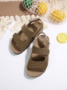 1雙兒童夏季平底涼鞋，魔鬼氈設計，軟木鞋底，足弓支撐，休閒時尚，男女童通用，戶外海灘度假穿著 - 卡其色 - 查看 4