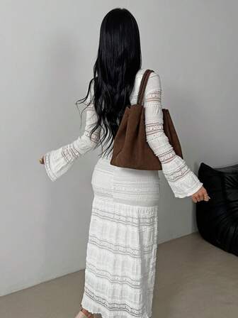 女士优雅荷叶边喇叭袖连衣裙，适合婚礼、办公室、日常穿着、秋季