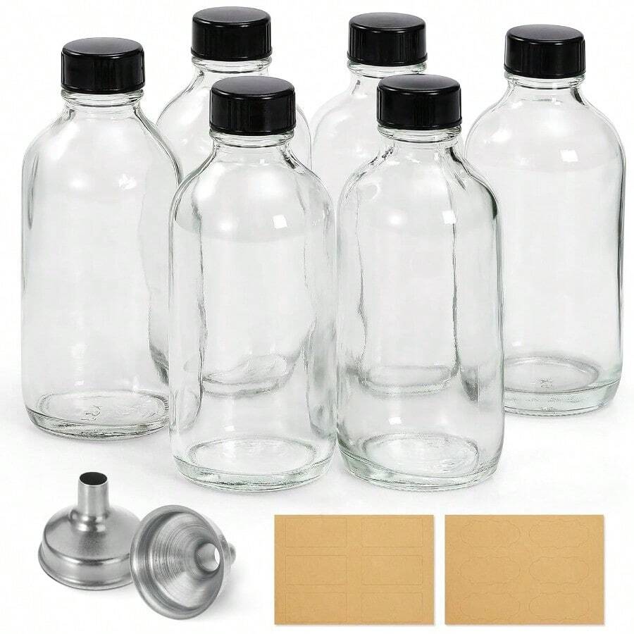 GSYY 6 Pack 4 Oz Small Clear Glass Bott With Lids And 2 Stains Steel Funnels - 120ml Boston  Bottle For Pon Uice  Ginger S Whiskey Liquids - Mini Travel Esl Bott - 無色 - 查看 1