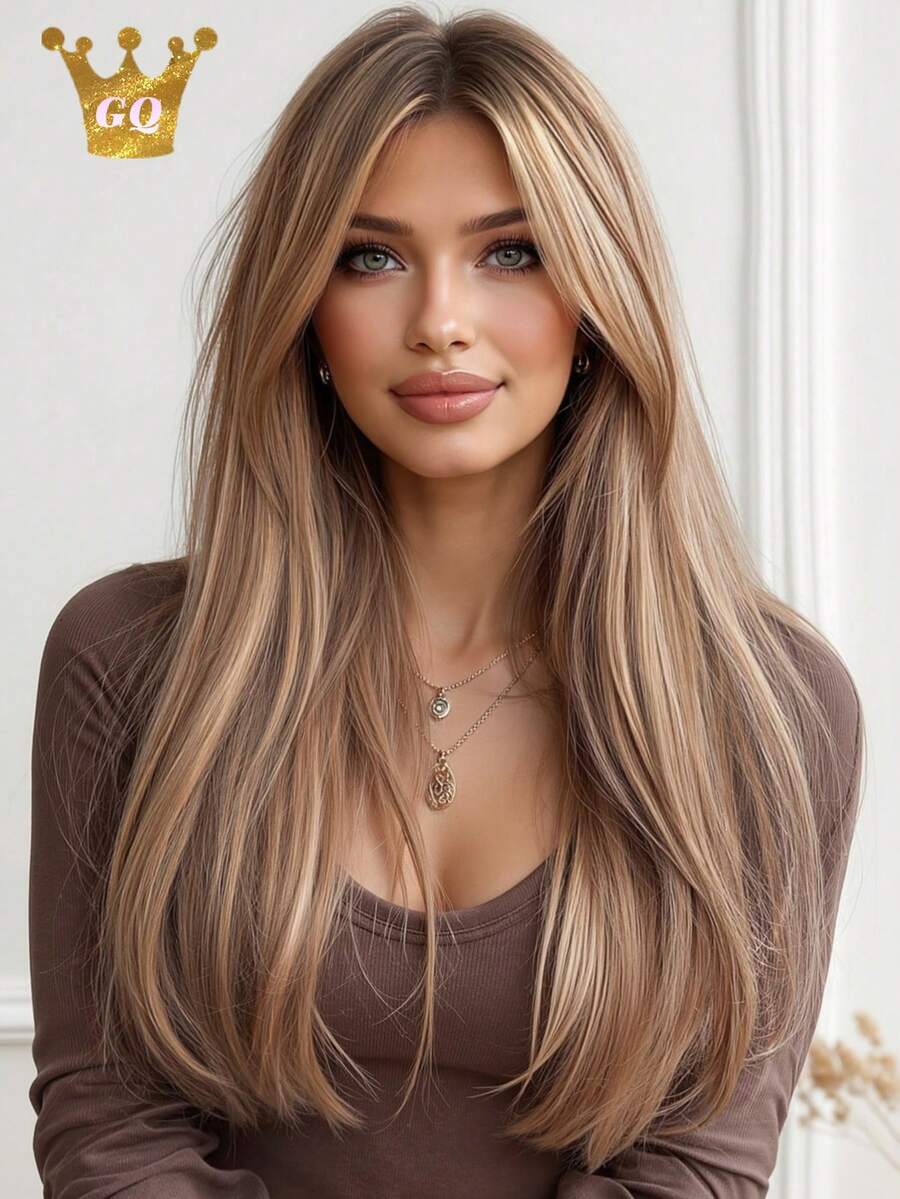 24-Inch Long Straight Ombre Light Brown Wig, Made Of Heat-Resistant High-Temperature Fiber And Imported Fiber Blends, Natural Appearance, Suitable For Women's Daily Wear And Fashion Styling. - 漸層棕色 - 查看 1
