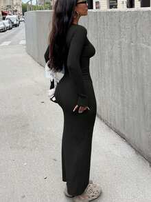 Elegant Long Sleeve Fitted Dress - Ribbed Knit Fabric, Round Neck Design, Slim Fit, Easy To Create Fashionable Look. Tip: For A More Fitted Effect, It Is Recommended To Choose One Size Smaller. - Black - View 3