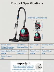 PHILIPS 飞利浦地毯吸尘器 FC8632/83 套装包含：电源线、延长杆、集尘盒、主机、除尘刷、过滤系统、保养和用户手册、清洁套装