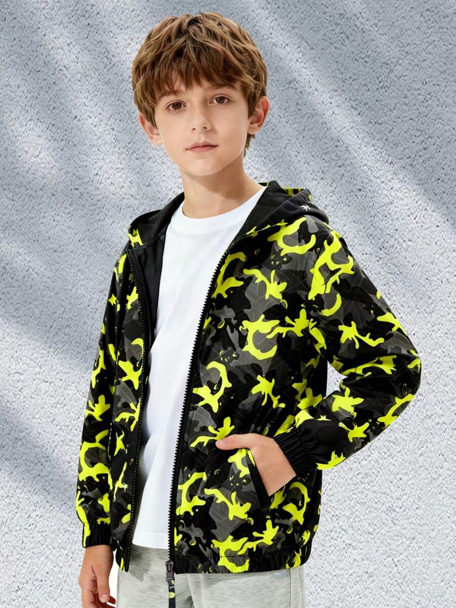 Kids' Casual Loose Camo Waterproof Windbreaker Hooded Jacket - Yellow - View 1