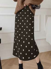 French Elegant Style Casual Women's Vintage Polka Dot Knit Skirt, Slimming Draping Bodycon Sweater Dress For Autumn/Winter, Suitable For Christmas, New Year, Commuting, Dating - Coffee Base With White Spots - View 4