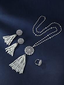 3pcs Platinum Plated Cubic Zirconia Tassel Pearl Sweater Chain Set: Necklace, Earrings, Ring, Luxury Sparkling Jewelry Set For Women, Suitable For Banquet - Platinum Tassel Pearl Long Necklace 3-piece Set - View 2