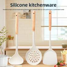 New Silicone Spatula Set, Non-Stick Cookware Utensils, Heat Resistant Long Handle Spatula & Skimmer - Oak Wood Centerpiece Silicone Three-piece Set (black) - View 2