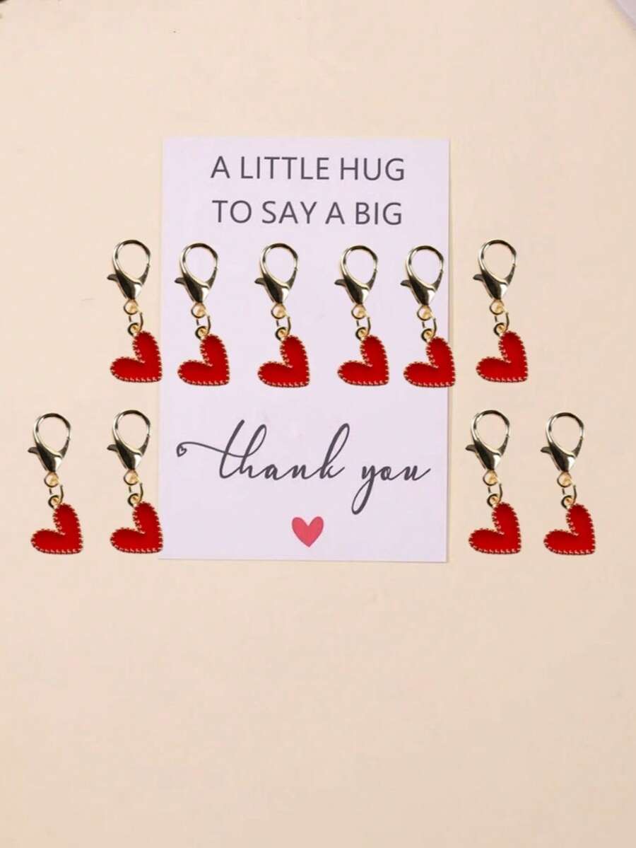 10 piezas Llavero de aleación con forma de corazón y tarjeta de mensaje personalizable - Colgante dorado, corazón de dibujos animados, regalo de agradecimiento, adecuado para maestros, novias, madres, mejores amigas | Regalo personalizado | Ideal para Navidad - Rojo - Ver 1