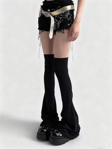 1 Pair Subculture Harajuku Gothic Style Thigh High Leg Warmers, Slimming Black/White Over-The-Knee Leg Warmers With Fashionable Lace-Up, Asymmetrical Ruffle, Flared Hem, Suitable For Y2K, Streetwear, Rockstar, And Unique Personal Style - Multicolor - View 6