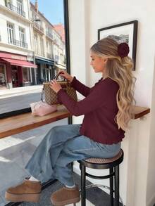 Casual Solid Color Ruffled Cardigan, Versatile For Spring And Autumn - Burgundy - View 7