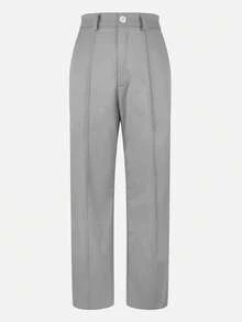 Jisfaneya Solid Color Buttonless Zipper Pocket Suit Fabric Straight Leg Pants, Elegant Office Commute Daily Casual Versatile Trousers For Spring/Summer - Grey - View 4