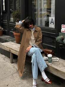 女士时尚休闲撞色格纹袖口外套，适合情人节、狂欢节等场合 - 鏽棕色 - 查看 8