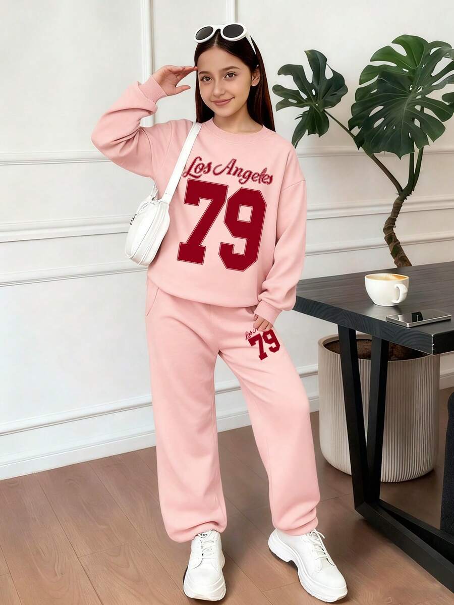 两件套女童休闲字母涂鸦印花圆领卫衣和抽绳裤,秋季日常穿着,返校季套装 - 粉色 - 查看 1