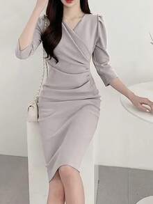Casual Women's V Neck Bodycon Midi Dress Woven Fabric Non-Stretch