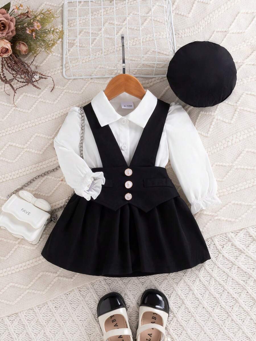 秋冬季女婴宫廷风白色玫瑰纽扣衬衫+红色吊带裙+贝雷帽套装 - 粉色 - 查看 1