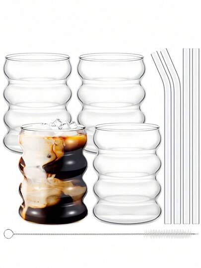 4pcs Glass Cup Set, 16oz Glass Water Bottle, Glass Cup, Wave Bubble Cup, Wave Pattern Glass Drinkware, Beer Cup, Iced Coffee Cup, Suitable For Juice, Coffee, Lemonade, Tea, Great For Birthday, Christmas, Valentine's Day Gifts